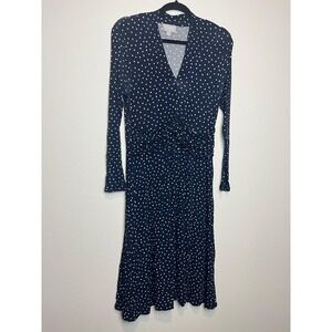 Pure Collection Dress Womens 6 Blue Polka Dot Wrap Ruched Long Sleeve Midi